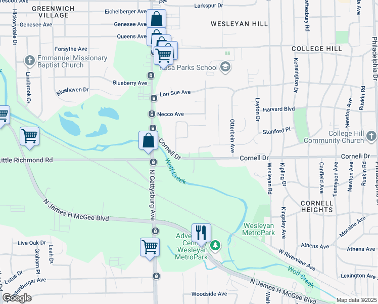 map of restaurants, bars, coffee shops, grocery stores, and more near 3966 Cornell Woods Drive West in Dayton
