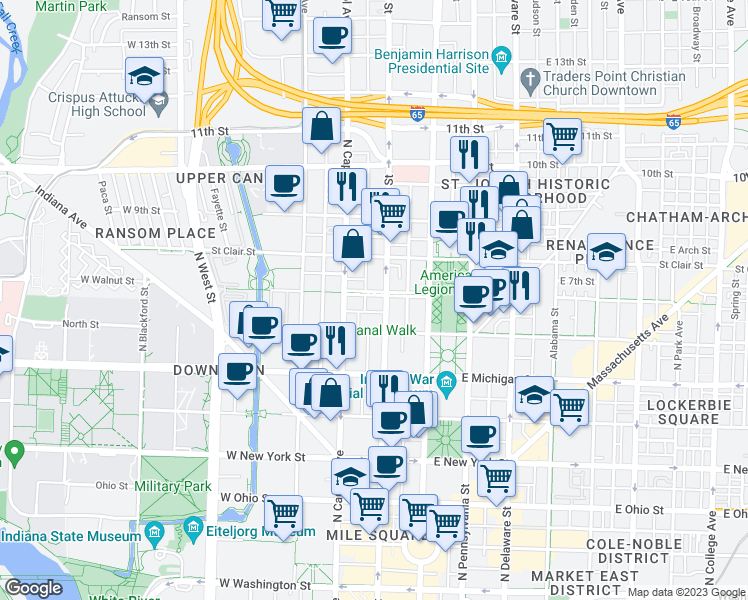 map of restaurants, bars, coffee shops, grocery stores, and more near 626 North Illinois Street in Indianapolis