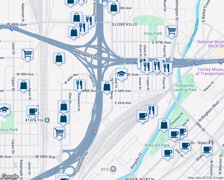 map of restaurants, bars, coffee shops, grocery stores, and more near 4401 Broadway in Denver