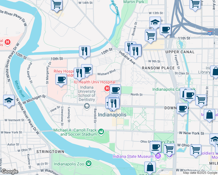 map of restaurants, bars, coffee shops, grocery stores, and more near 975 West Walnut Street in Indianapolis