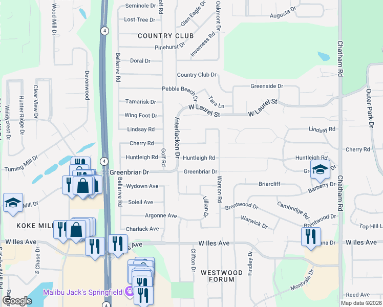map of restaurants, bars, coffee shops, grocery stores, and more near Grey Stone Dr in Springfield