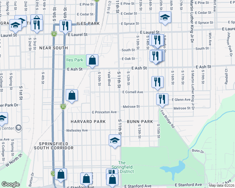 map of restaurants, bars, coffee shops, grocery stores, and more near 2172 Yale Boulevard in Springfield