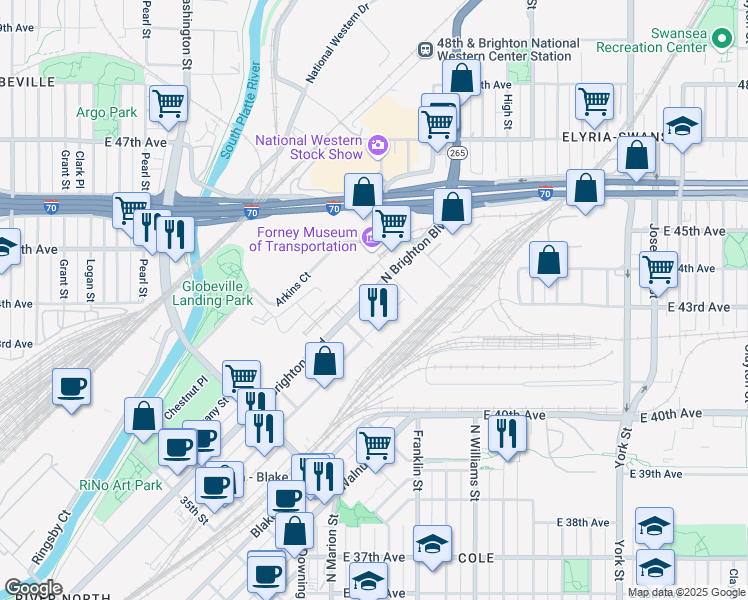 map of restaurants, bars, coffee shops, grocery stores, and more near 4290 Brighton Boulevard in Denver