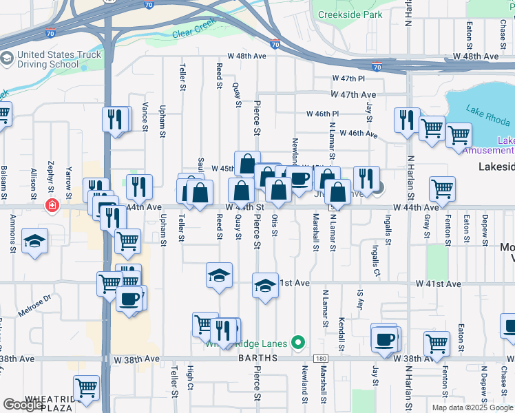 map of restaurants, bars, coffee shops, grocery stores, and more near W 44th Ave & Pierce St in Wheat Ridge