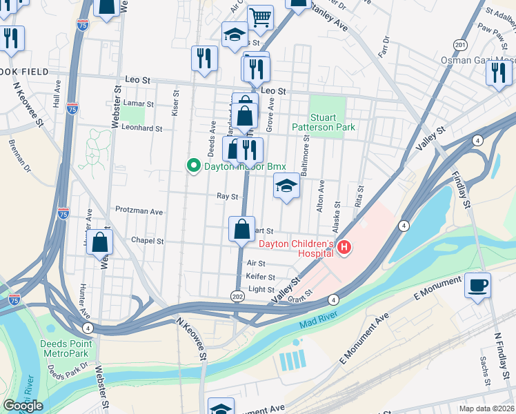 map of restaurants, bars, coffee shops, grocery stores, and more near 552 Troy Street in Dayton