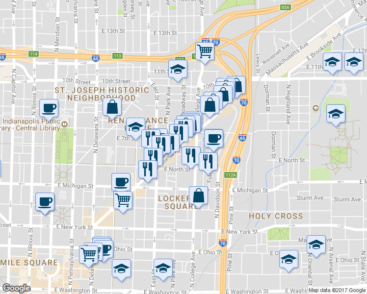 map of restaurants, bars, coffee shops, grocery stores, and more near 719 Massachusetts Avenue in Indianapolis