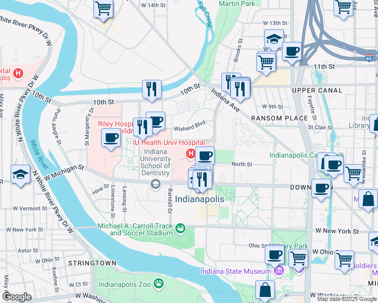 map of restaurants, bars, coffee shops, grocery stores, and more near 975 West Walnut Street in Indianapolis