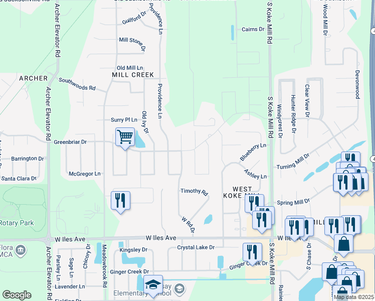 map of restaurants, bars, coffee shops, grocery stores, and more near Greenbriar Drive in Springfield