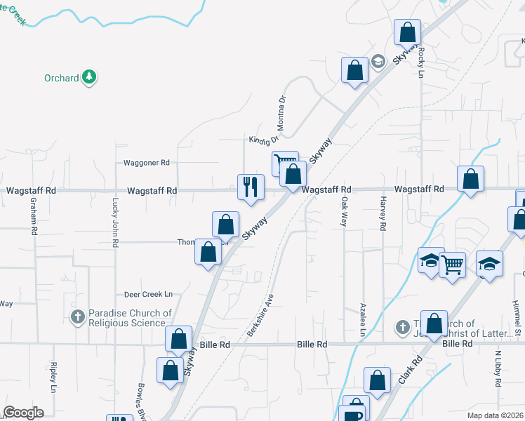 map of restaurants, bars, coffee shops, grocery stores, and more near 8099 Skyway in Paradise