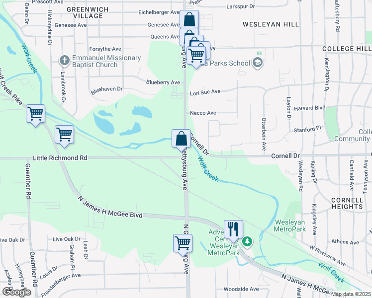 map of restaurants, bars, coffee shops, grocery stores, and more near 1926 North Gettysburg Avenue in Dayton