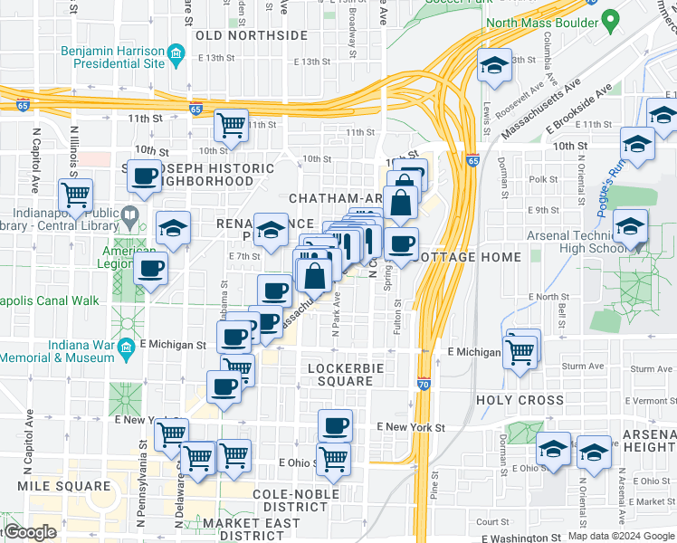 map of restaurants, bars, coffee shops, grocery stores, and more near 726 Massachusetts Avenue in Indianapolis