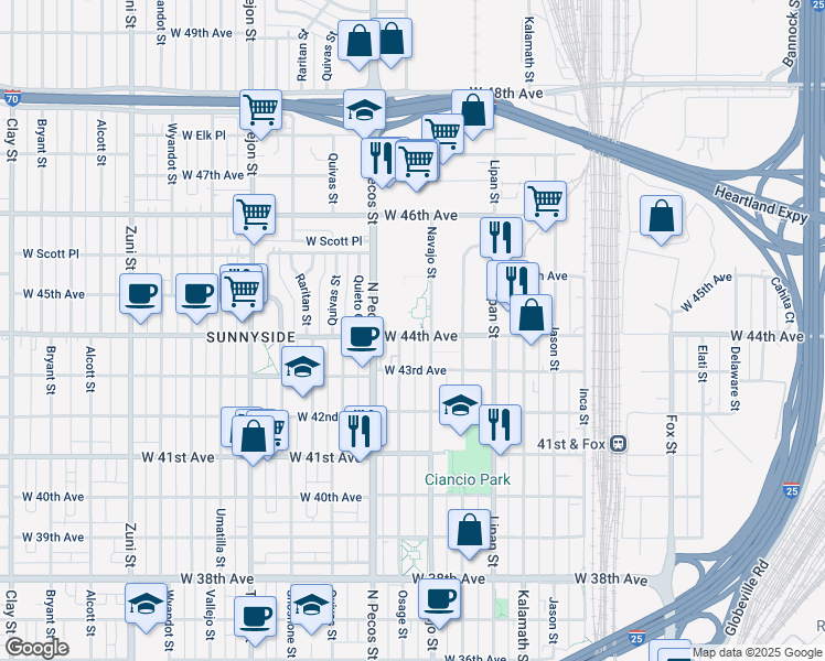 map of restaurants, bars, coffee shops, grocery stores, and more near 4409 Navajo Street in Denver