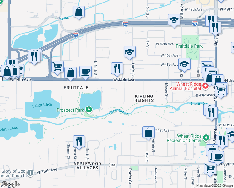 map of restaurants, bars, coffee shops, grocery stores, and more near 4314 Quail Street in Wheat Ridge