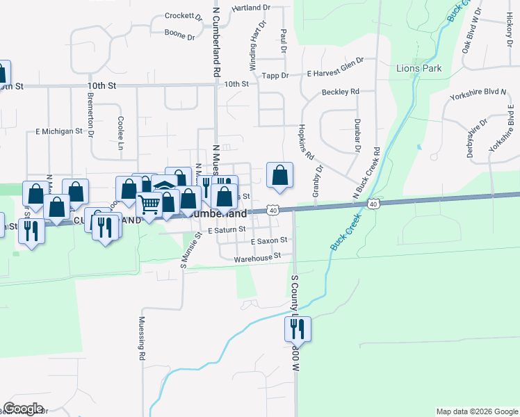 map of restaurants, bars, coffee shops, grocery stores, and more near 12014 East Washington Street in Indianapolis
