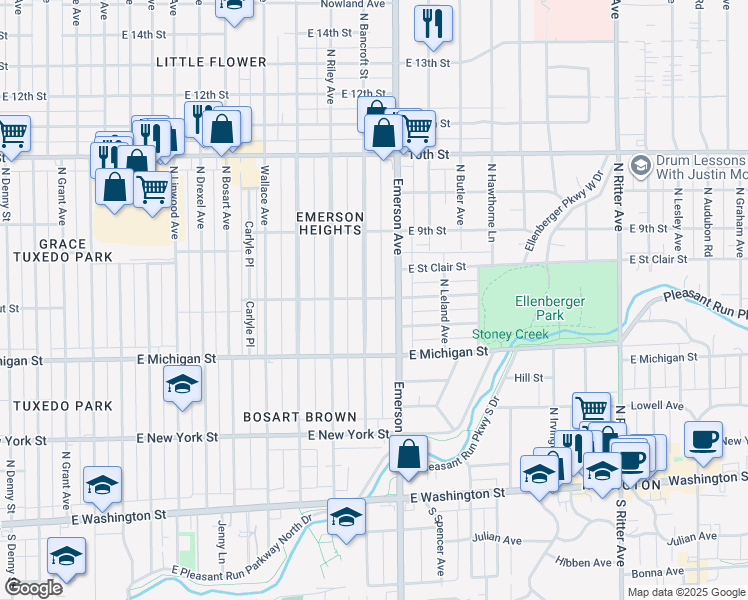 map of restaurants, bars, coffee shops, grocery stores, and more near 706 North Emerson Avenue in Indianapolis