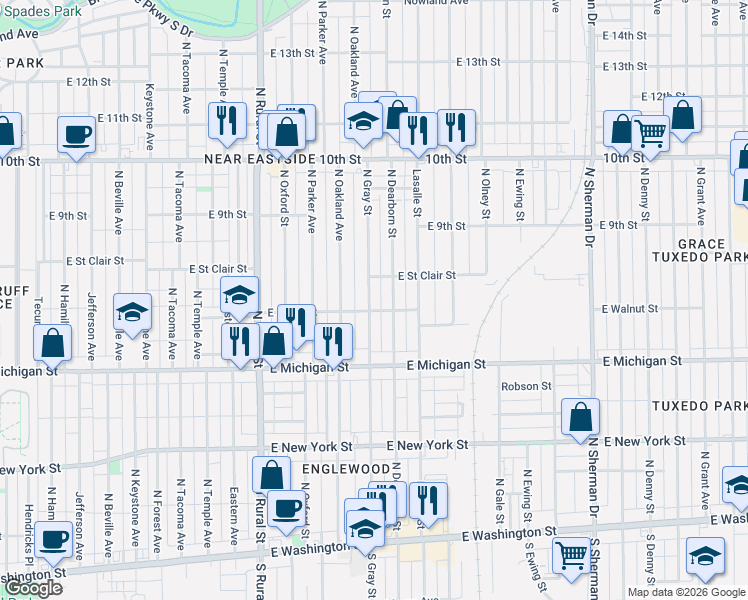 map of restaurants, bars, coffee shops, grocery stores, and more near 624 North Gray Street in Indianapolis