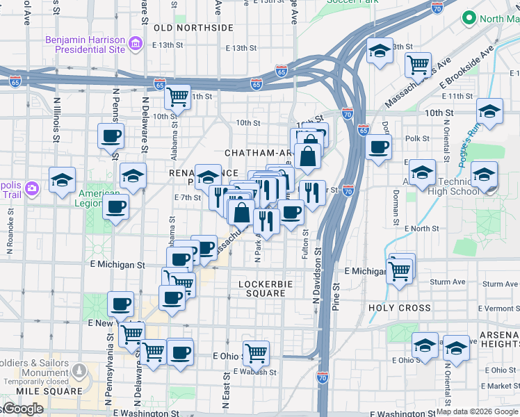 map of restaurants, bars, coffee shops, grocery stores, and more near 726 Massachusetts Avenue in Indianapolis