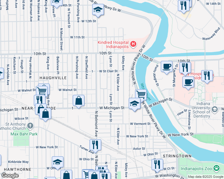 map of restaurants, bars, coffee shops, grocery stores, and more near 705 Lynn Street in Indianapolis