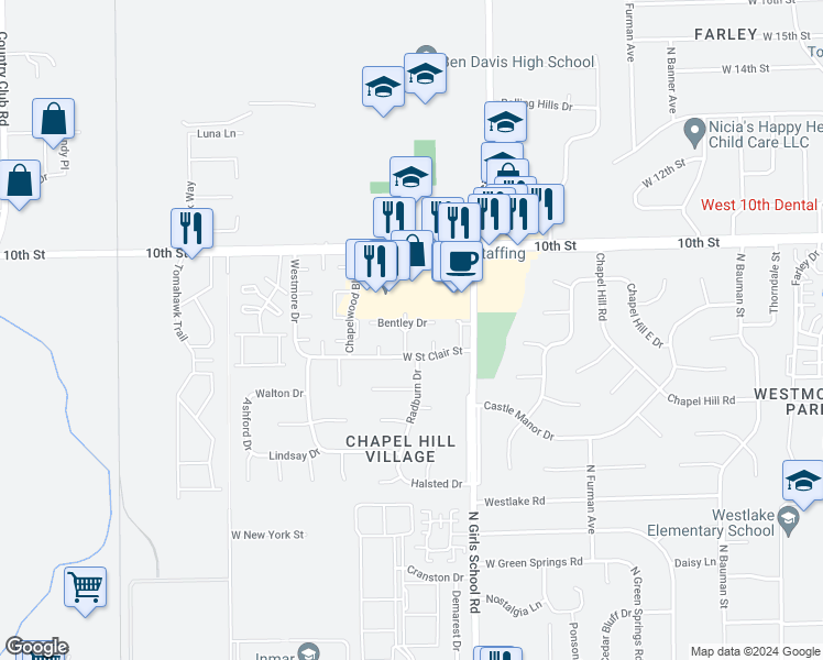 map of restaurants, bars, coffee shops, grocery stores, and more near 38 Chadbourne Drive in Indianapolis