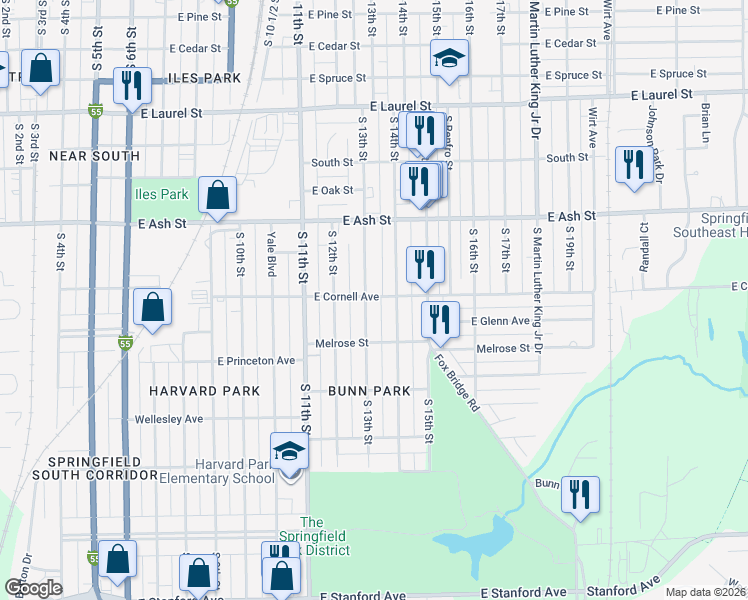map of restaurants, bars, coffee shops, grocery stores, and more near 1201-1299 E Cornell Ave in Springfield