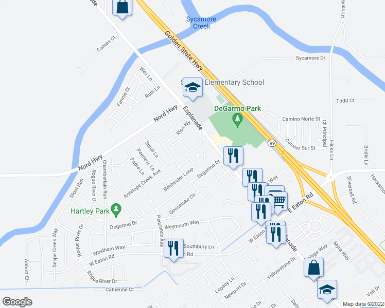 map of restaurants, bars, coffee shops, grocery stores, and more near 3337 Bodero Lane in Chico