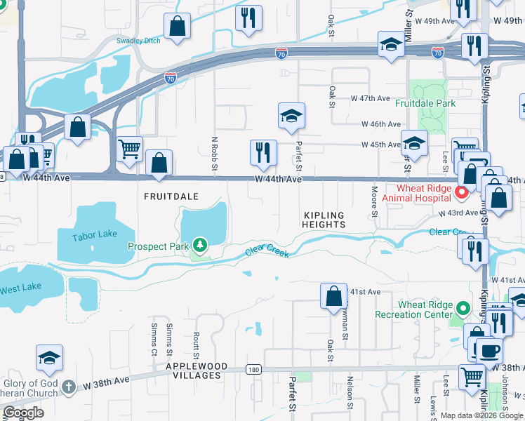 map of restaurants, bars, coffee shops, grocery stores, and more near 4314 Quail Street in Wheat Ridge