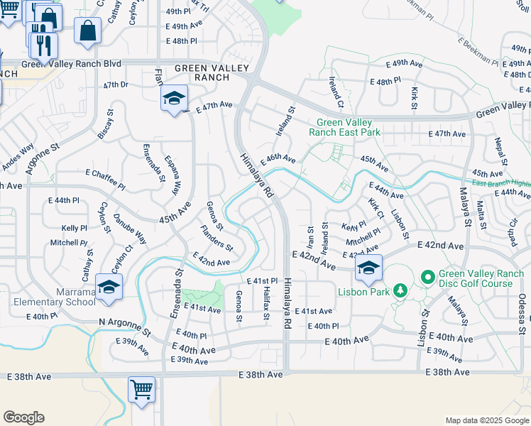 map of restaurants, bars, coffee shops, grocery stores, and more near 20000 Mitchell Place in Denver