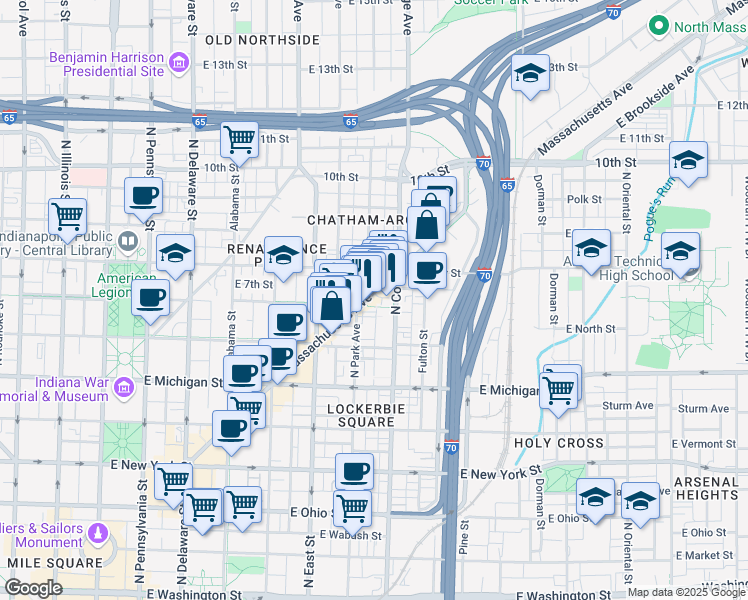 map of restaurants, bars, coffee shops, grocery stores, and more near 725 Massachusetts Avenue in Indianapolis