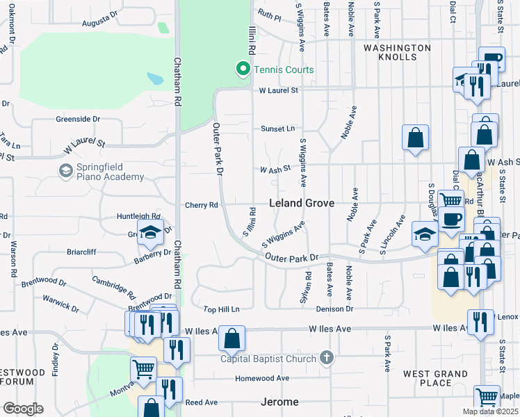 map of restaurants, bars, coffee shops, grocery stores, and more near 1635-1699 Cherry Road in Leland Grove