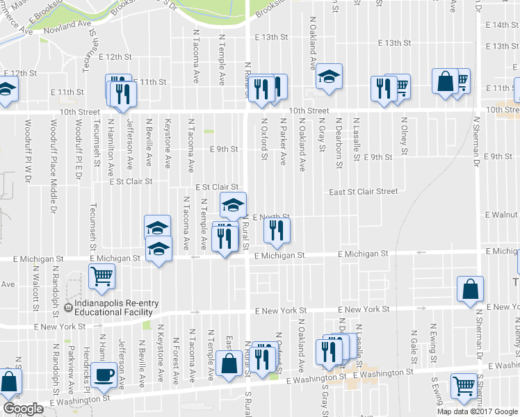 map of restaurants, bars, coffee shops, grocery stores, and more near 614 North Oxford Street in Indianapolis