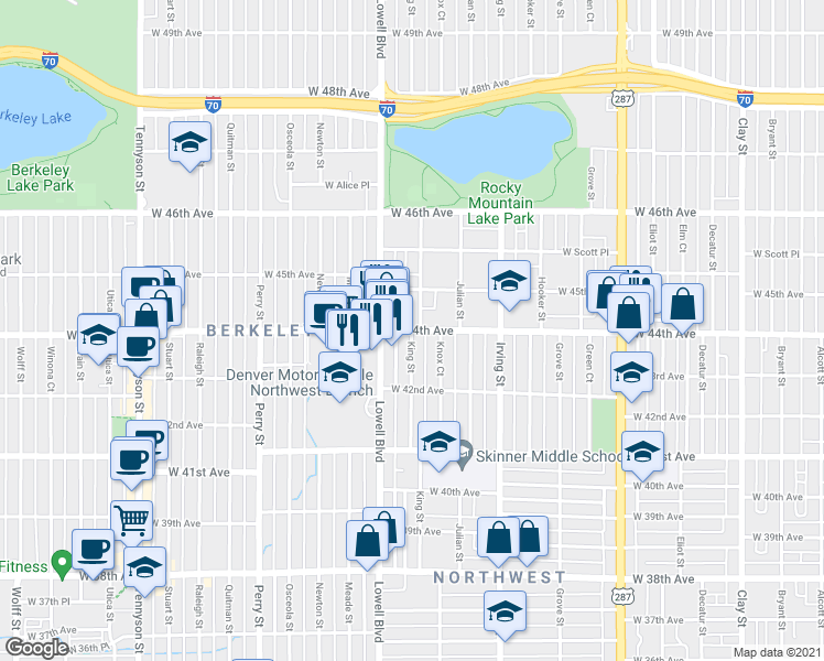 map of restaurants, bars, coffee shops, grocery stores, and more near W 44th Ave & King St in Denver
