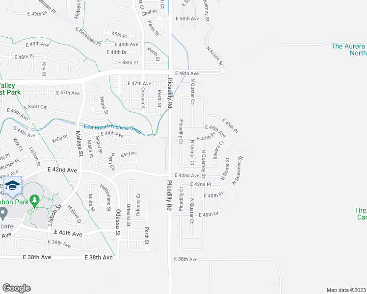 map of restaurants, bars, coffee shops, grocery stores, and more near 4442 Picadilly Court in Aurora