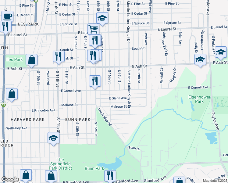 map of restaurants, bars, coffee shops, grocery stores, and more near 1622 East Cornell Avenue in Springfield