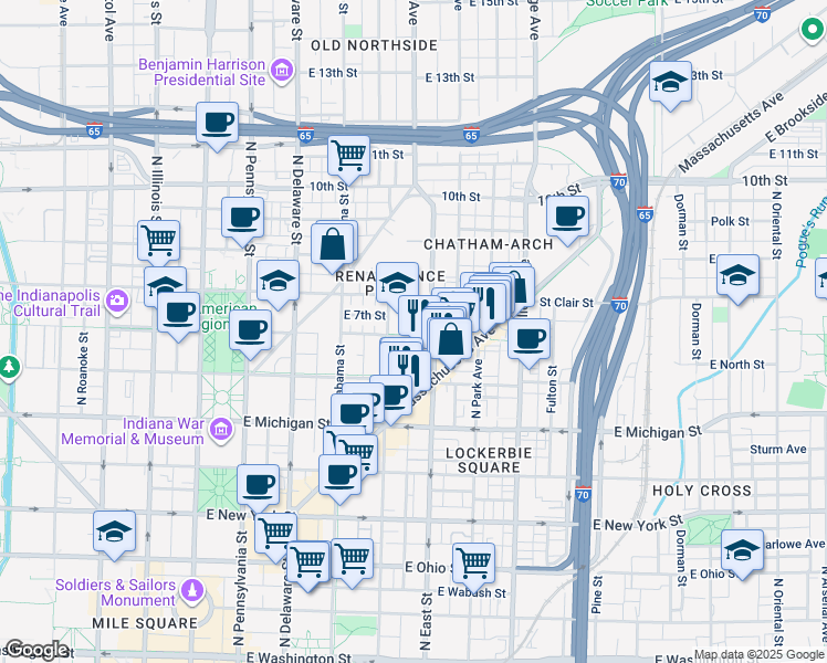 map of restaurants, bars, coffee shops, grocery stores, and more near 450 East Walnut Street in Indianapolis