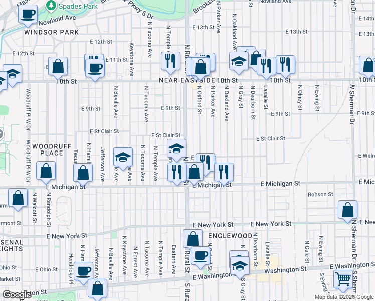 map of restaurants, bars, coffee shops, grocery stores, and more near 629 North Rural Street in Indianapolis