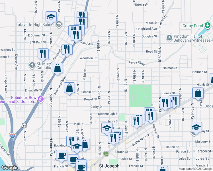 map of restaurants, bars, coffee shops, grocery stores, and more near 1301 North 11th Street in Saint Joseph