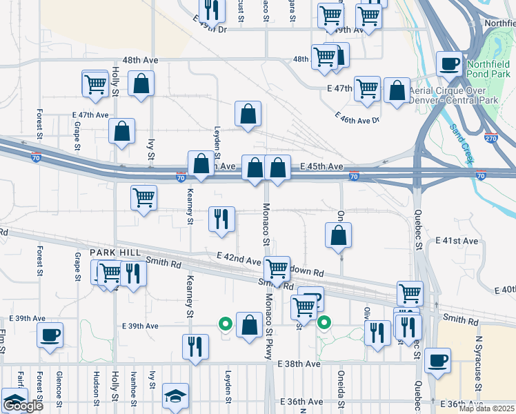 map of restaurants, bars, coffee shops, grocery stores, and more near 4355 Monaco Street in Denver