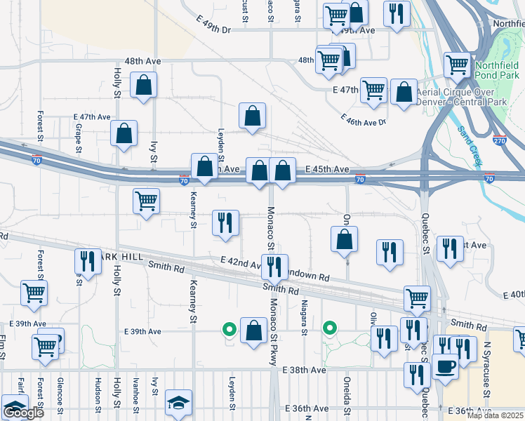 map of restaurants, bars, coffee shops, grocery stores, and more near 4355 Monaco Street in Denver