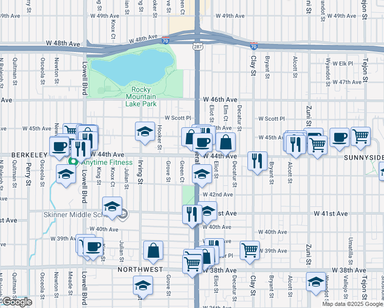 map of restaurants, bars, coffee shops, grocery stores, and more near 4411 Federal Boulevard in Denver