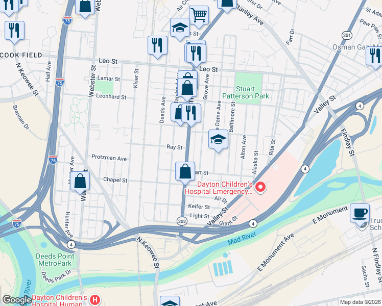 map of restaurants, bars, coffee shops, grocery stores, and more near 552 Troy Street in Dayton