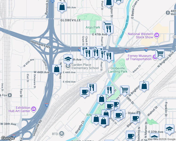 map of restaurants, bars, coffee shops, grocery stores, and more near 4424 Logan Street in Denver
