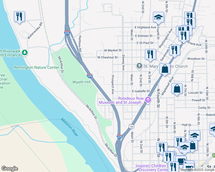 map of restaurants, bars, coffee shops, grocery stores, and more near 310 West Rosine Street in Saint Joseph