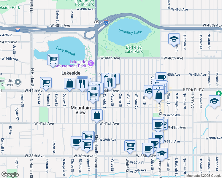 map of restaurants, bars, coffee shops, grocery stores, and more near 4421 Yates Street in Denver