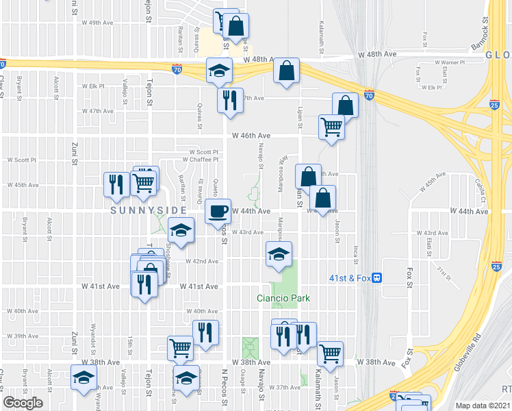 map of restaurants, bars, coffee shops, grocery stores, and more near 4409 Navajo Street in Denver