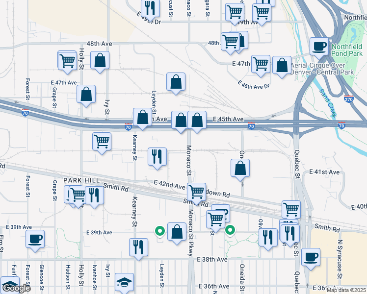 map of restaurants, bars, coffee shops, grocery stores, and more near 4301 Monaco Street in Denver