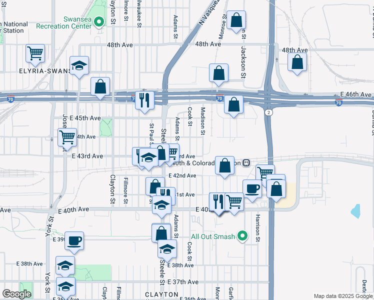map of restaurants, bars, coffee shops, grocery stores, and more near 4306 Cook Street in Denver