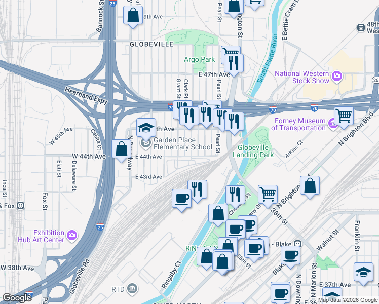 map of restaurants, bars, coffee shops, grocery stores, and more near 4424 Logan Street in Denver