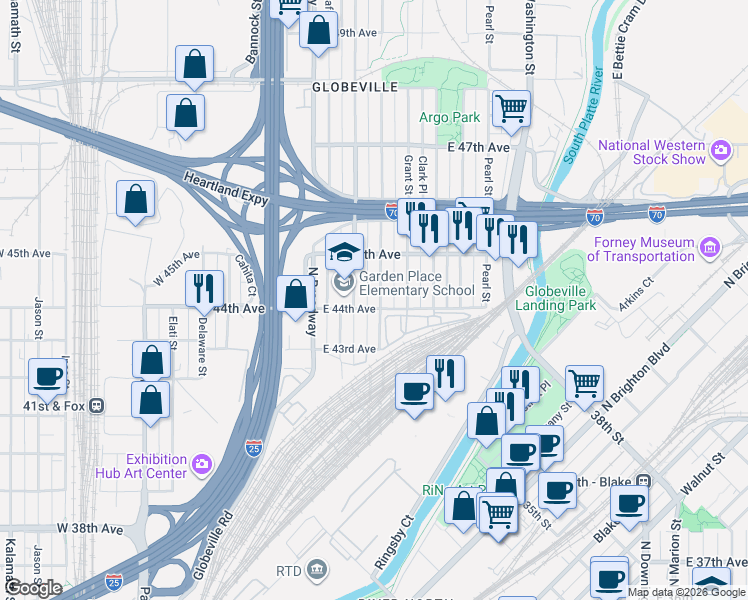 map of restaurants, bars, coffee shops, grocery stores, and more near 4417 Sherman Street in Denver