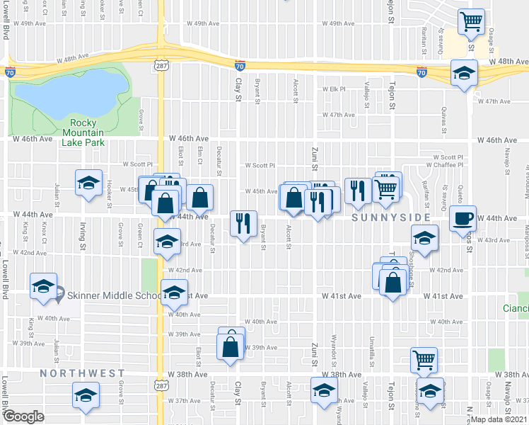 map of restaurants, bars, coffee shops, grocery stores, and more near 4421 Bryant Street in Denver