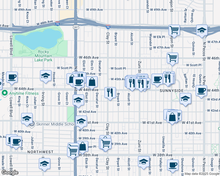 map of restaurants, bars, coffee shops, grocery stores, and more near 4421 Bryant Street in Denver